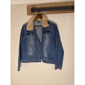 Baccini Denim Jacket Removable Fur Collar Button Stretch Distressed Women XL NWT
